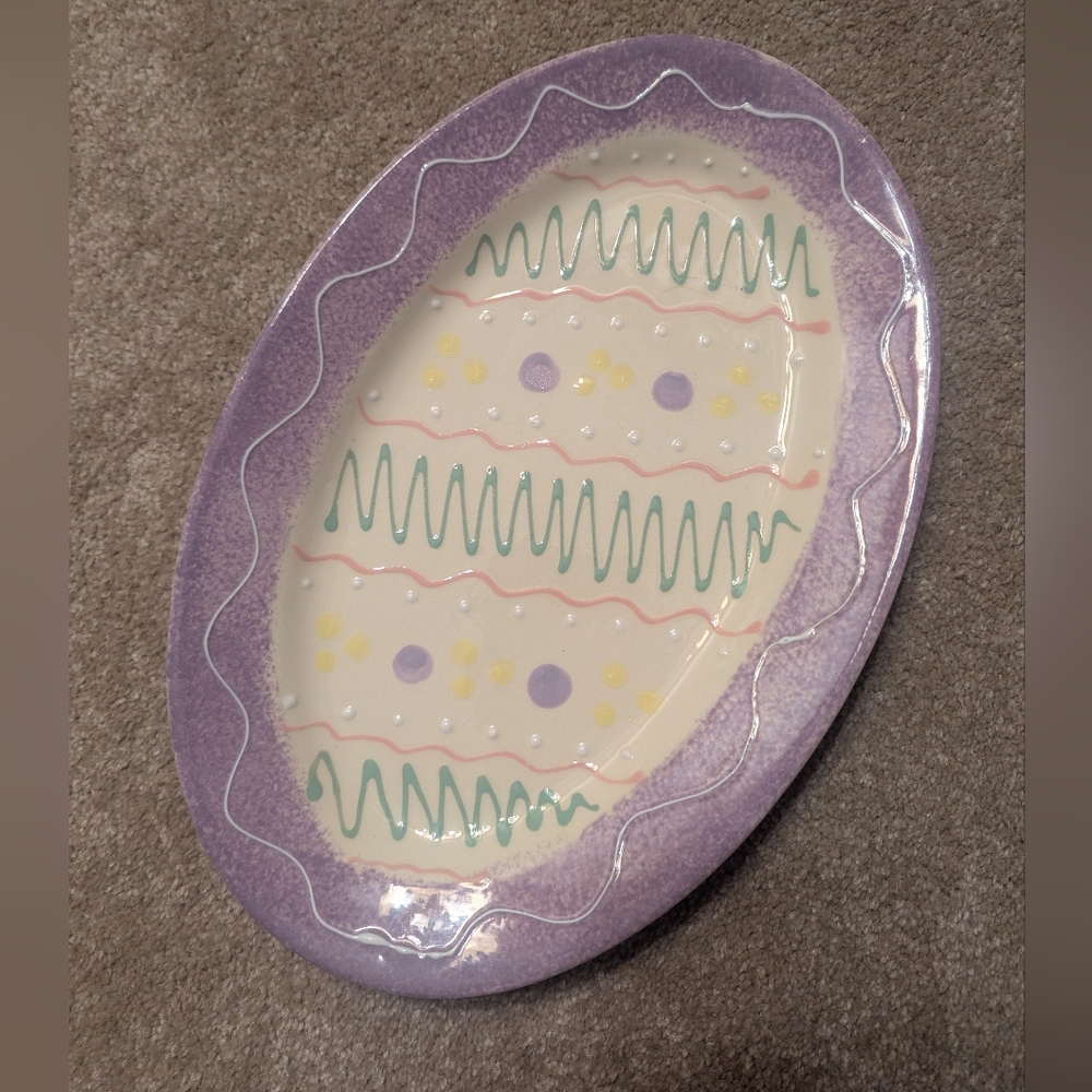 Vintage Cheryl & Co 2001 Purple Oval Egg Shaped Easter Plate Hand Painted